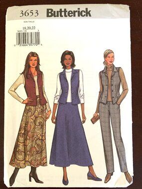 Vintage Uncut Butterick #3653 in sizes (18.20.22). Misses Vest, Skirt and Pants